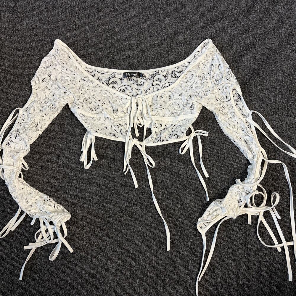 Vintage Y2k Medieval Fairy Coquette Tie White Lace Longsleeve Top Women's M